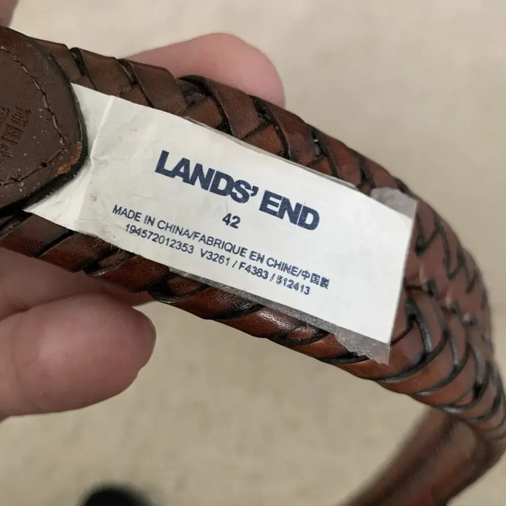 Lands’ End Leather Braided Belt Mens Sz 42 Brown Brass Buckle Adjustable